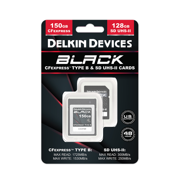 Delkin Devices 150GB BLACK CFexpress Type B Memory Card and 128GB BLACK Rugged UHS-II SDXC Memory Card Bundle